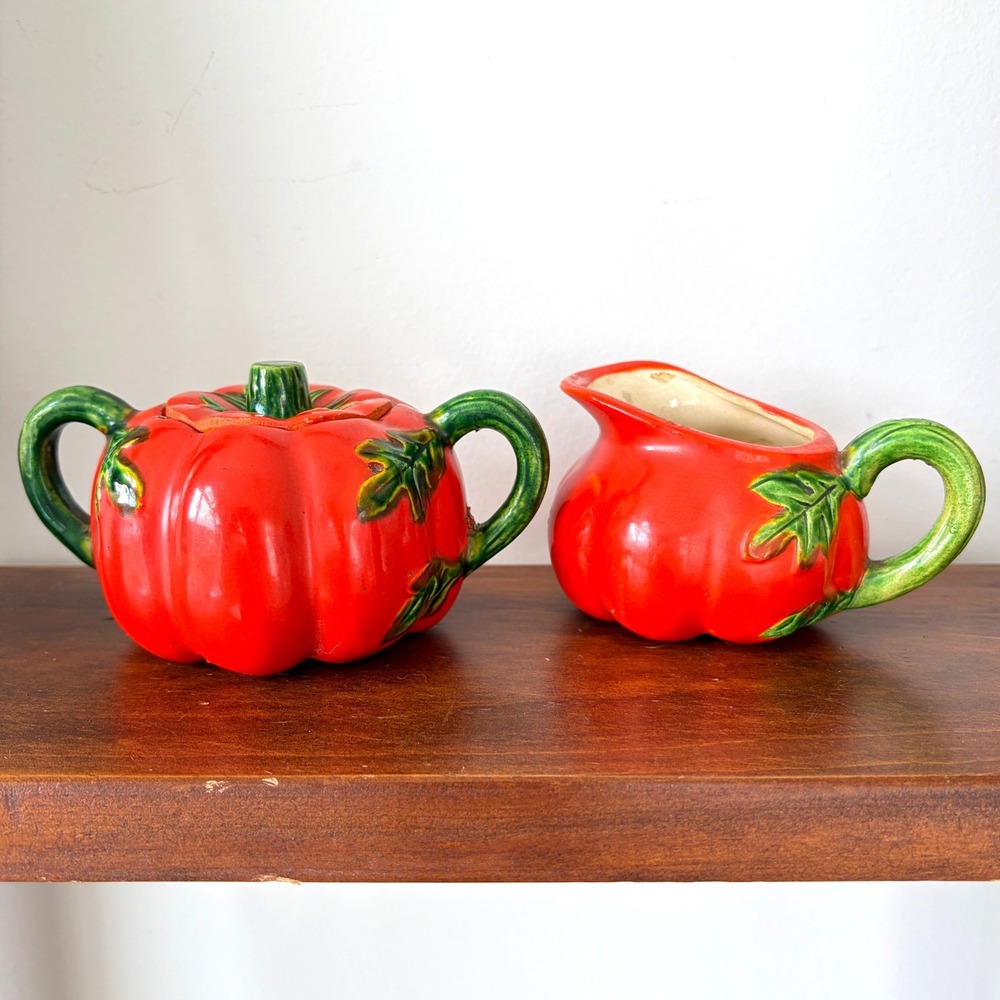 Vintage Red Pumpkin Ceramic Sugar Bowl and Creamer Set Made in Japan Fall Decor